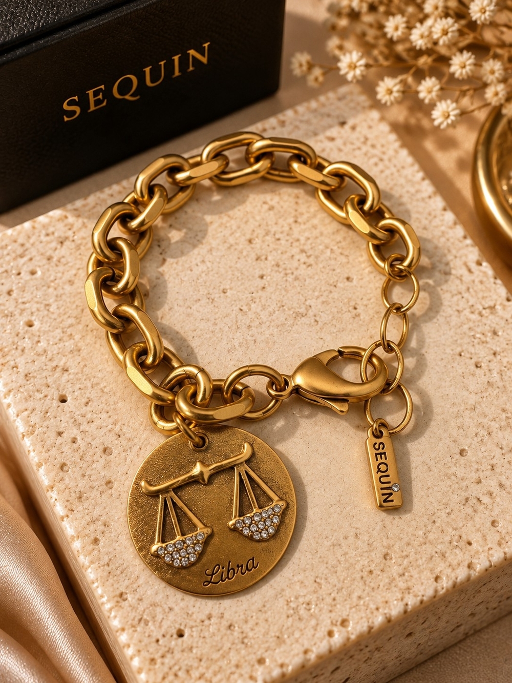 Sequin Gold Libra Charm Link Bracelet